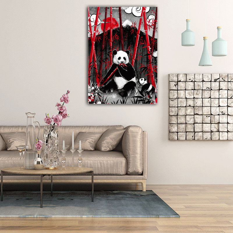 Asian Panda Eating Bamboo Canvas for Great Room Wall Art Prints in Black, Multiple Sizes - Clearhalo - 'Arts' - 'Canvas Art' - 1653628
