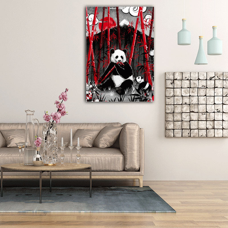 Asian Panda Eating Bamboo Canvas for Great Room Wall Art Prints in Black, Multiple Sizes Clearhalo 'Arts' 'Canvas Art' 1653628