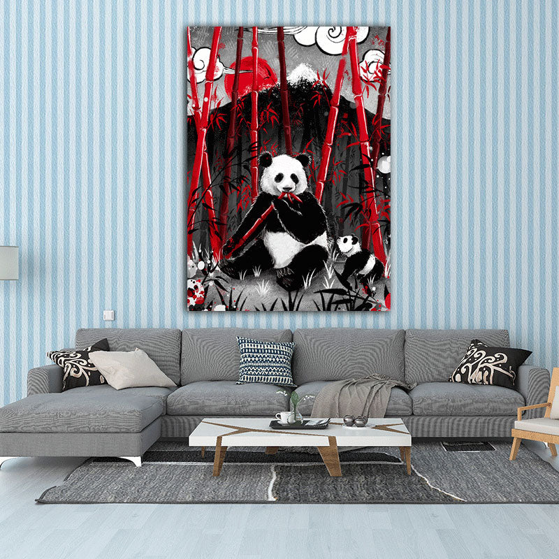 Asian Panda Eating Bamboo Canvas for Great Room Wall Art Prints in Black, Multiple Sizes Clearhalo 'Arts' 'Canvas Art' 1653629