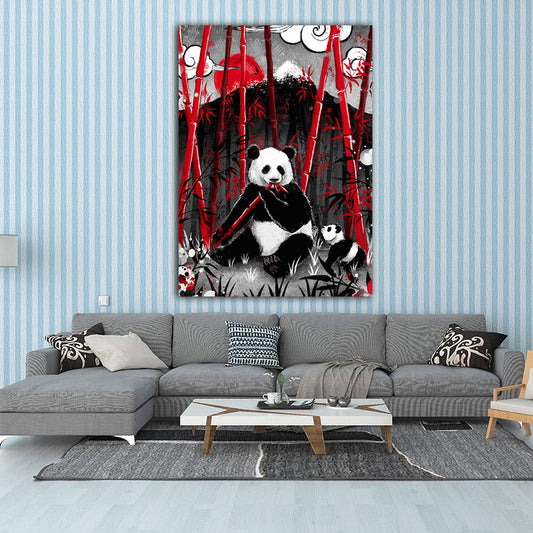 Asian Panda Eating Bamboo Canvas for Great Room Wall Art Prints in Black, Multiple Sizes - Clearhalo - 'Arts' - 'Canvas Art' - 1653629