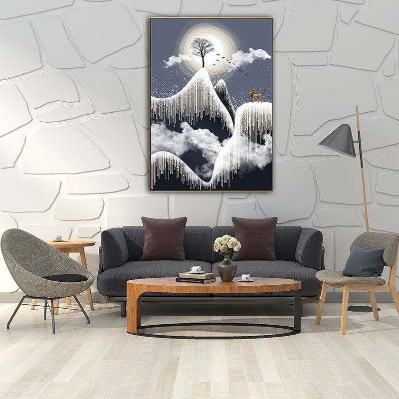 Árbol blanco de lienzo glamoroso en el acantilado de rime con arte de pared de paisajes de luna llena para habitación