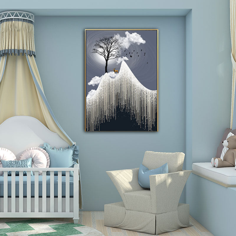 Glam Televas White Tree à la falaise de rime avec des paysages de pleine lune Art mural pour la pièce