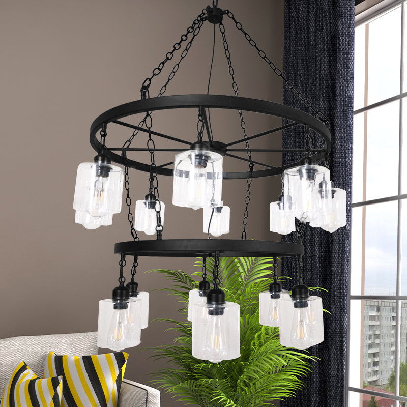 Clear Glass Black Chandelier 2 Tiers Wheel Multi-Light Industrial Pendant Lamp with Cylinder Shade Clear Clearhalo 'Ceiling Lights' 'Chandeliers' 'Clear' 'Glass shade' 'Glass' 'Industrial Chandeliers' 'Industrial' 'Island Lights' 'Middle Century Chandeliers' 'Modern' 'Tiffany' 'Traditional Chandeliers' Lighting' 165365