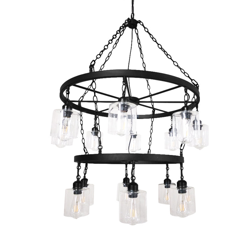 Clear Glass Black Chandelier 2 Tiers Wheel Multi-Light Industrial Pendant Lamp with Cylinder Shade Clearhalo 'Ceiling Lights' 'Chandeliers' 'Clear' 'Glass shade' 'Glass' 'Industrial Chandeliers' 'Industrial' 'Island Lights' 'Middle Century Chandeliers' 'Modern' 'Tiffany' 'Traditional Chandeliers' Lighting' 165367