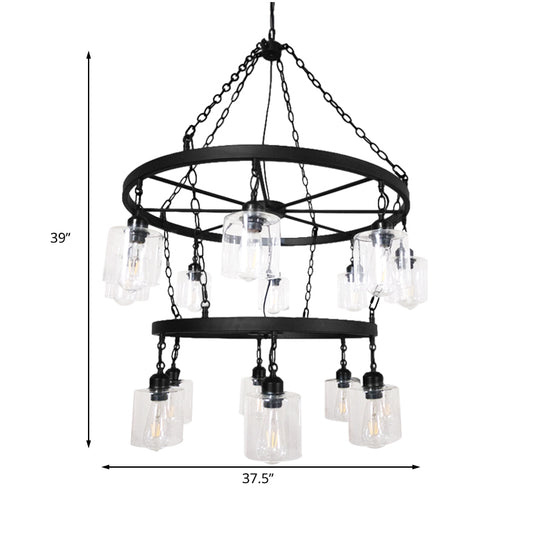 Clear Glass Black Chandelier 2 Tiers Wheel Multi-Light Industrial Pendant Lamp with Cylinder Shade Clearhalo 'Ceiling Lights' 'Chandeliers' 'Clear' 'Glass shade' 'Glass' 'Industrial Chandeliers' 'Industrial' 'Island Lights' 'Middle Century Chandeliers' 'Modern' 'Tiffany' 'Traditional Chandeliers' Lighting' 165368