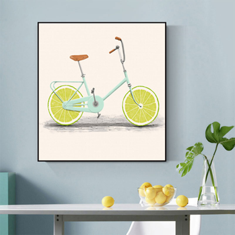 Pastel Color Childrens Art Canvas Lemon Bicycle Wall Decor for Dining Room, Textured Green Clearhalo 'Art Gallery' 'Canvas Art' 'Kids' Arts' 1653698