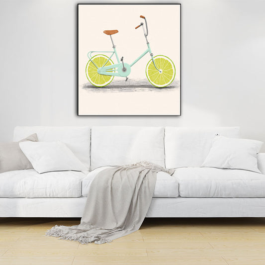 Pastel Color Childrens Art Canvas Lemon Bicycle Wall Decor for Dining Room, Textured