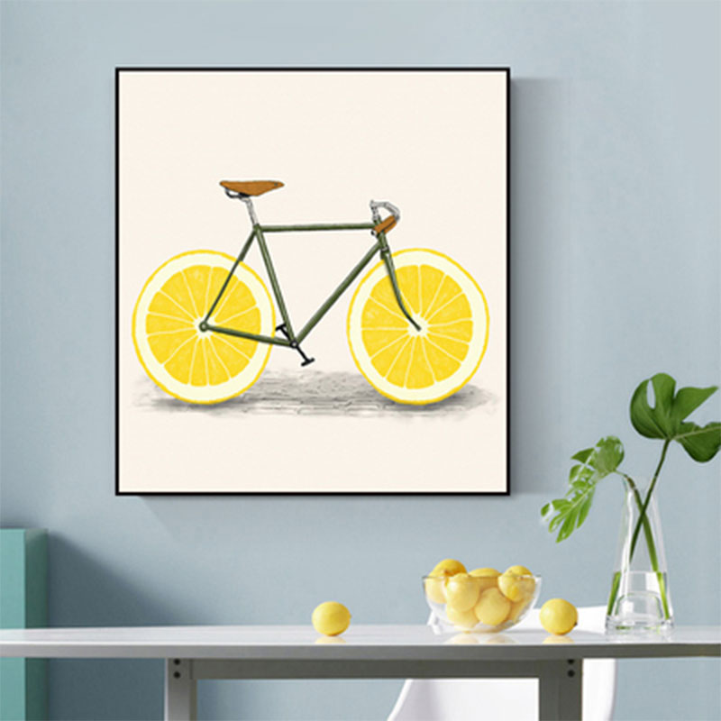 Pastel Color Childrens Art Canvas Lemon Bicycle Wall Decor for Dining Room, Textured Yellow Clearhalo 'Art Gallery' 'Canvas Art' 'Kids' Arts' 1653709