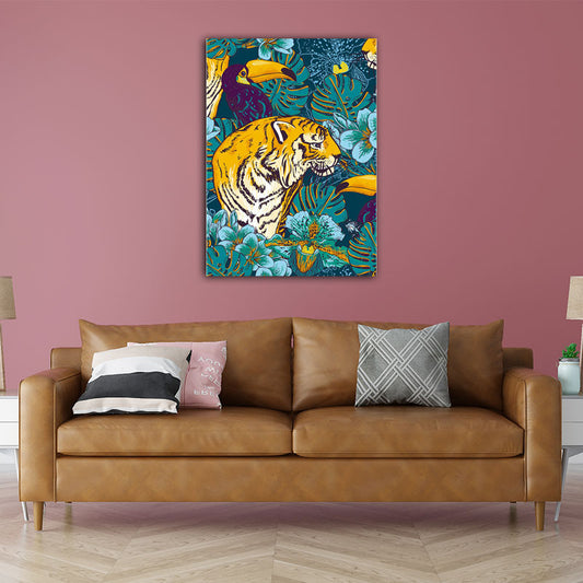 Toucan and Tiger Canvas Prints Tropical Decorative Parlor Wall Art Decor in Orange Orange Clearhalo 'Art Gallery' 'Canvas Art' 'Kids' Arts' 1653735