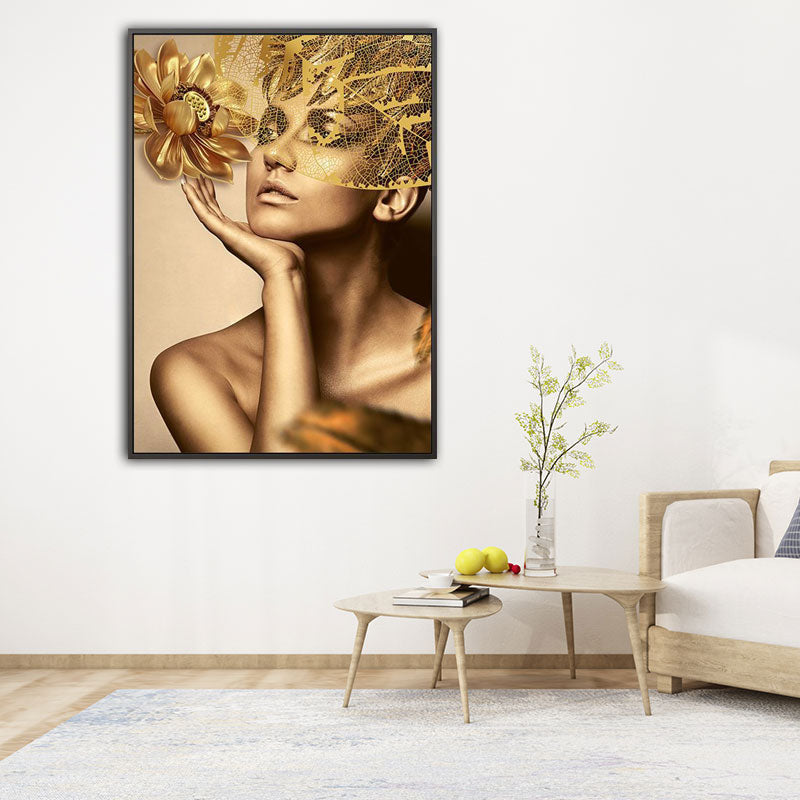Stylish Modern Lady Wall Decor for Girls Bedroom Figure Print Canvas Art in Soft Color Gold Clearhalo 'Arts' 'Canvas Art' 1653764