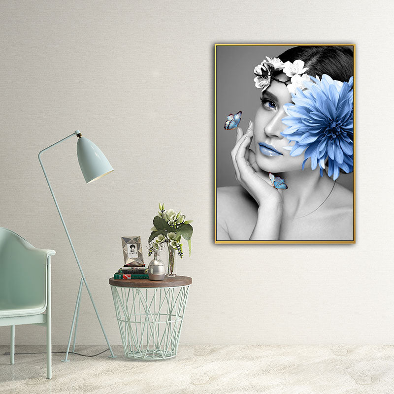 Woman and Flower Wrapped Canvas Pastel Color Modernist Wall Art Decor for Girls Room Blue Clearhalo 'Art Gallery' 'Canvas Art' 'Contemporary Art Gallery' 'Modern' Arts' 1653822
