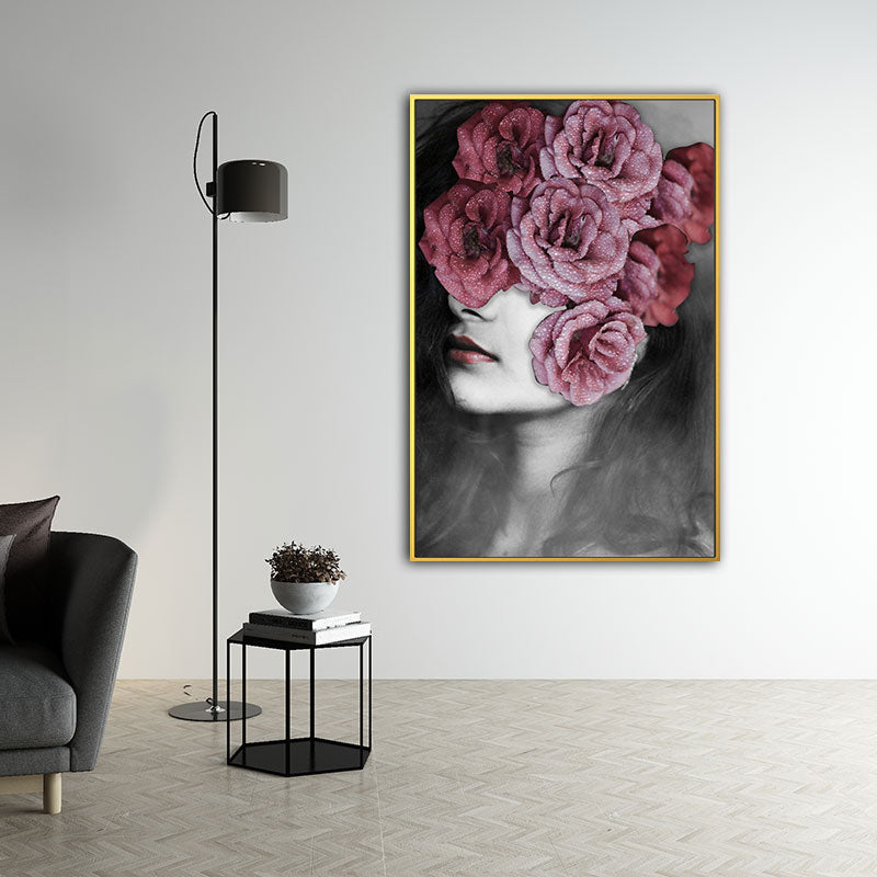 Woman and Flower Wrapped Canvas Pastel Color Modernist Wall Art Decor for Girls Room Red Clearhalo 'Art Gallery' 'Canvas Art' 'Contemporary Art Gallery' 'Modern' Arts' 1653833