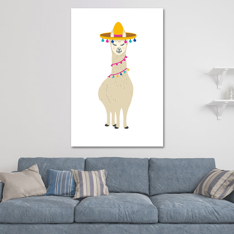 Kids Cute Alpaca Wrapped Canvas for Children Bedroom Wall Art Decor in White, Multiple Sizes Clearhalo 'Art Gallery' 'Canvas Art' 'Kids' Arts' 1653967