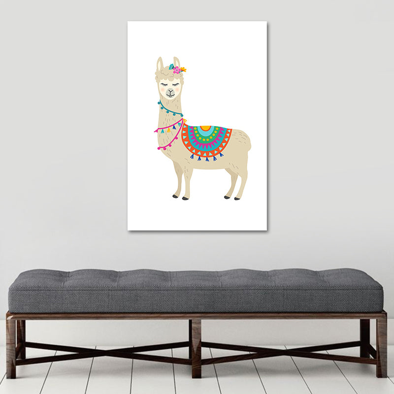 Kids Cute Alpaca Wrapped Canvas for Children Bedroom Wall Art Decor in White, Multiple Sizes Clearhalo 'Art Gallery' 'Canvas Art' 'Kids' Arts' 1653971