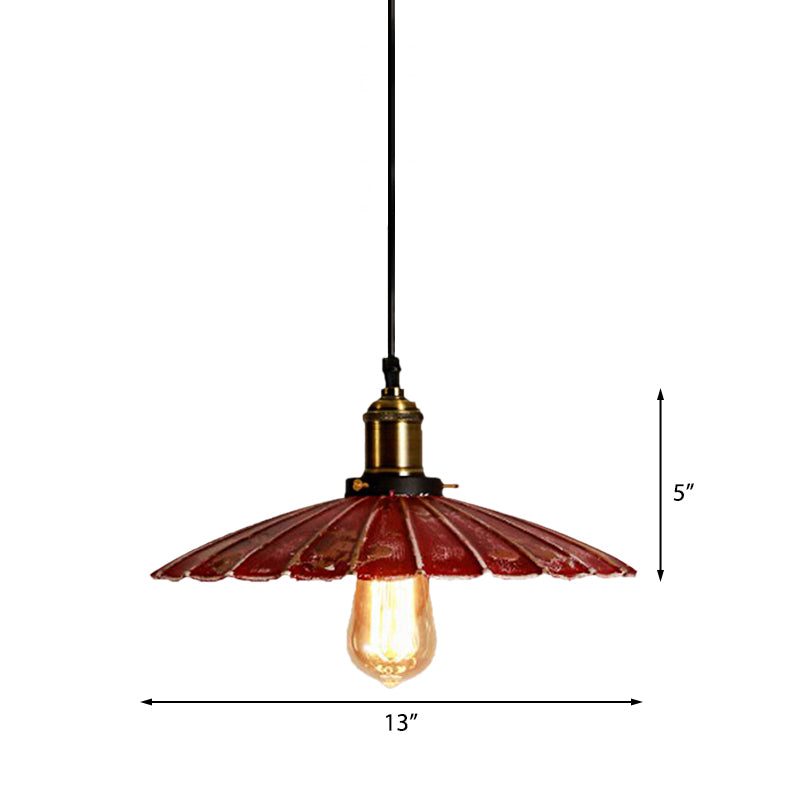 Red Scalloped Shade Hanging Light Fixture Rustic Style Metallic 1 Bulb Coffee Shop Pendant Lamp Clearhalo 'Art Deco Pendants' 'Cast Iron' 'Ceiling Lights' 'Ceramic' 'Crystal' 'Industrial Pendants' 'Industrial' 'Metal' 'Middle Century Pendants' 'Pendant Lights' 'Pendants' 'Tiffany' Lighting' 165398