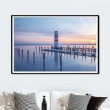 Lighthouse Sunset Seascape Canvas Art Modernism Textured Wall Decor in Blue for Home Blue