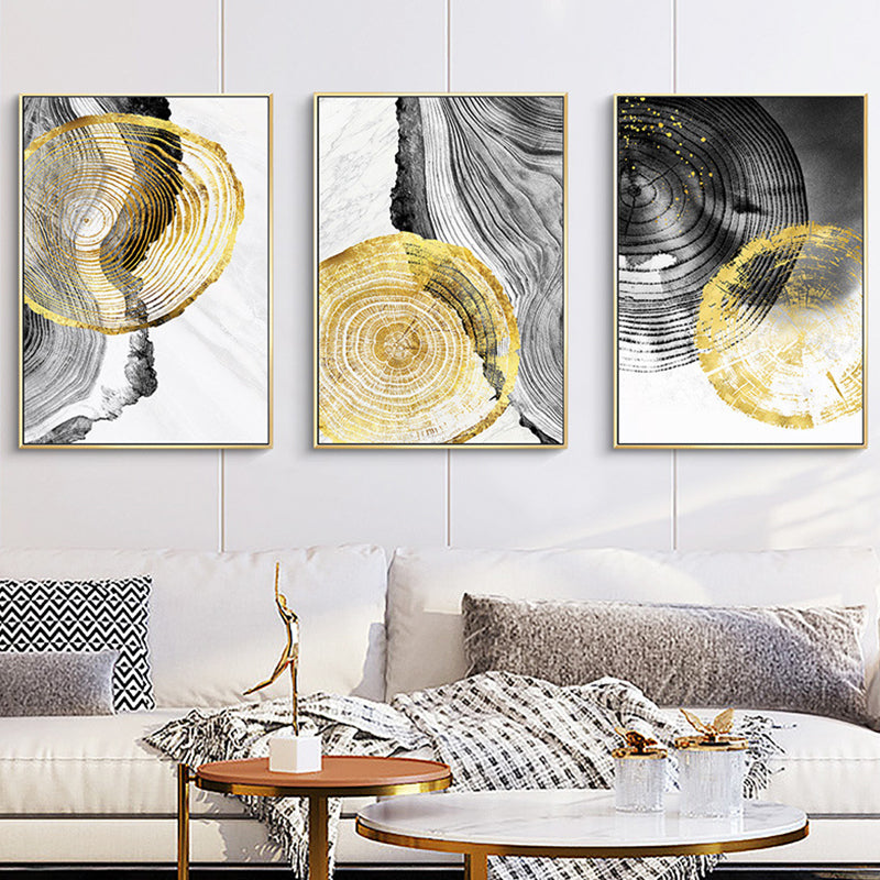 Hout jaarlijkse ringen muurkunst in zwarte en gouden eenvoud gewikkeld canvas voor woonkamer