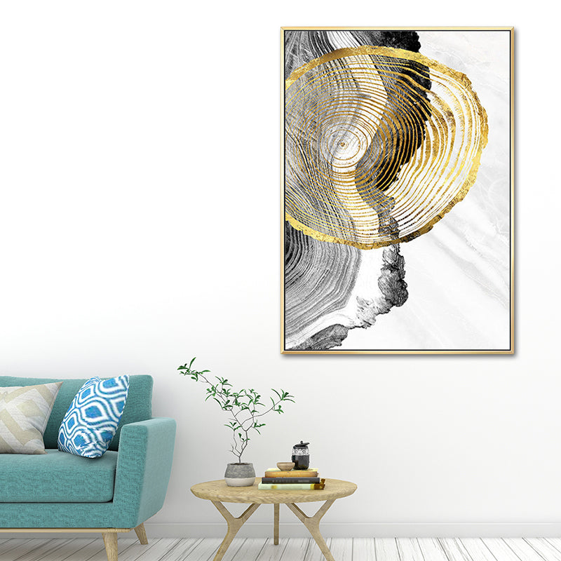 Wood Annual Rings Wall Art in Black and Gold Simplicity Wrapped Canvas for Living Room