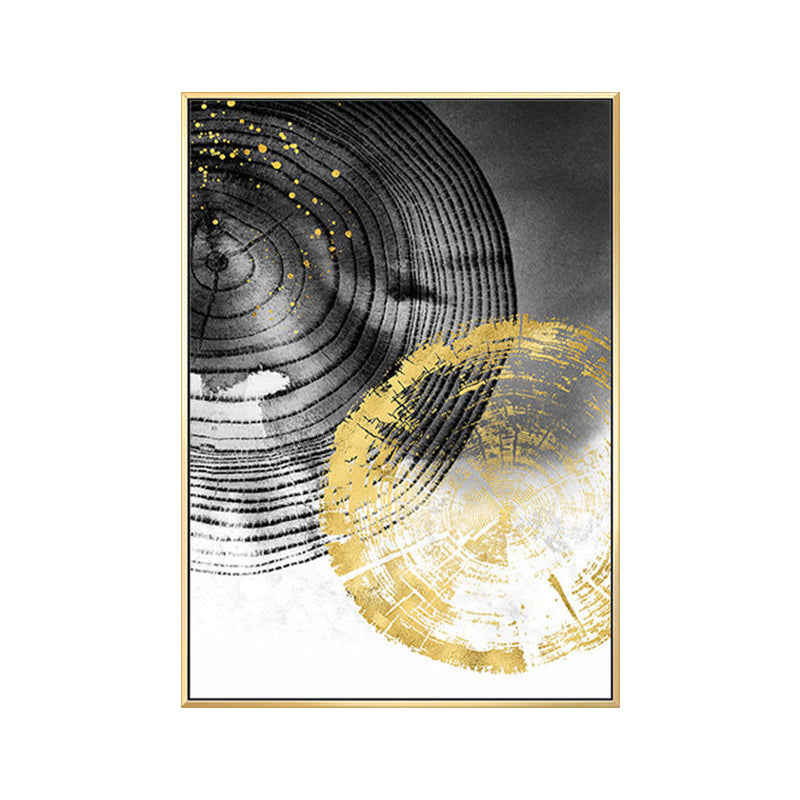 Hout jaarlijkse ringen muurkunst in zwarte en gouden eenvoud gewikkeld canvas voor woonkamer