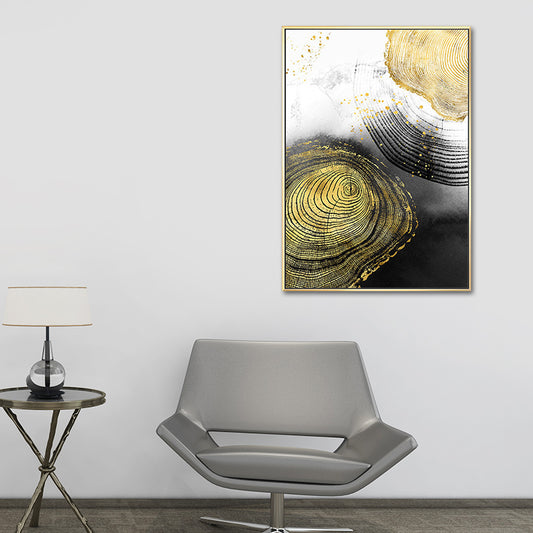 Wood Annual Rings Wall Art in Black and Gold Simplicity Wrapped Canvas for Living Room