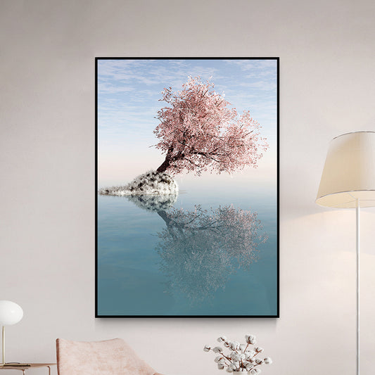 Blossom Tree on Lake Art Print Contemporary Canvas Wall Decor in Pink for Bedroom Pink Clearhalo 'Art Gallery' 'Canvas Art' 'Contemporary Art Gallery' 'Modern' Arts' 1654155