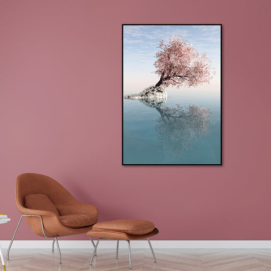 Blossom Tree on Lake Art Print Contemporary Canvas Wall Decor in Pink for Bedroom Clearhalo 'Art Gallery' 'Canvas Art' 'Contemporary Art Gallery' 'Modern' Arts' 1654156
