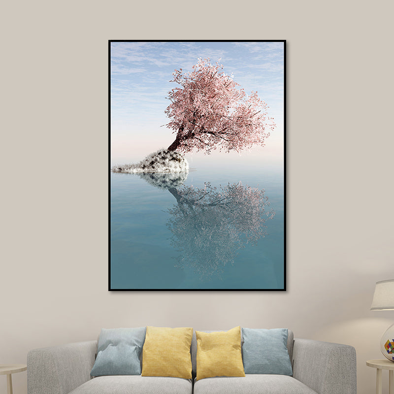Blossom Tree on Lake Art Print Contemporary Canvas Wall Decor in Pink for Bedroom Clearhalo 'Art Gallery' 'Canvas Art' 'Contemporary Art Gallery' 'Modern' Arts' 1654157