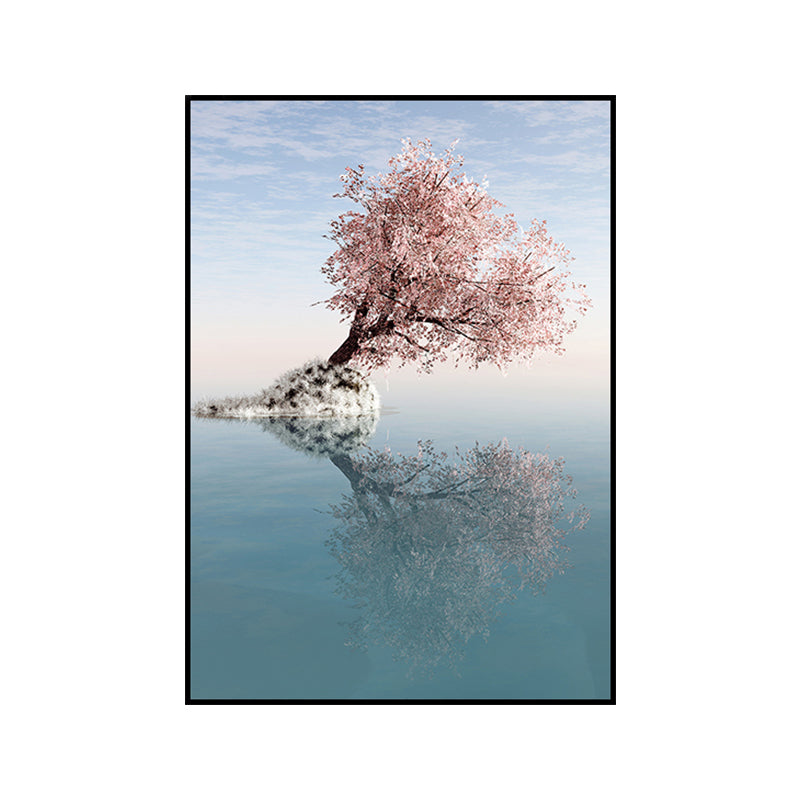 Blossom Tree on Lake Art Print Contemporary Canvas Wall Decor in Pink for Bedroom Clearhalo 'Art Gallery' 'Canvas Art' 'Contemporary Art Gallery' 'Modern' Arts' 1654158
