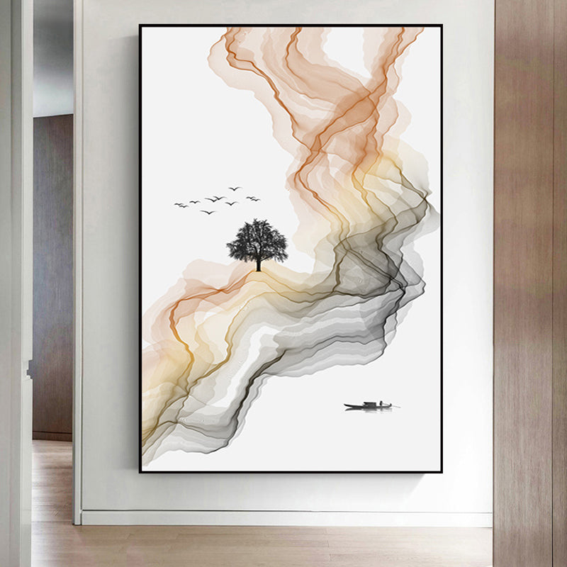 White Asian Style Wall Art Water Flow and Boat Landscape Canvas Print for Living Room White Clearhalo 'Arts' 'Canvas Art' 1654173