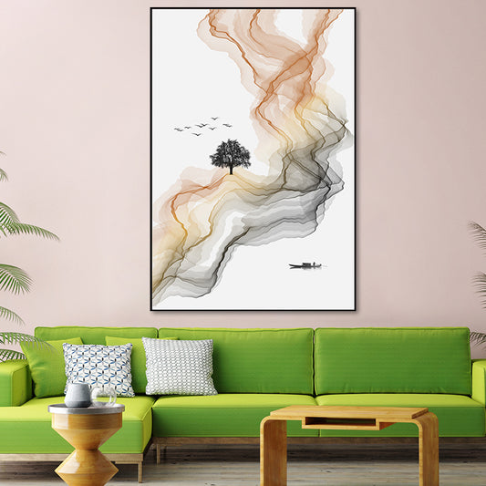 White Asian Style Wall Art Water Flow and Boat Landscape Canvas Print for Living Room Clearhalo 'Arts' 'Canvas Art' 1654175
