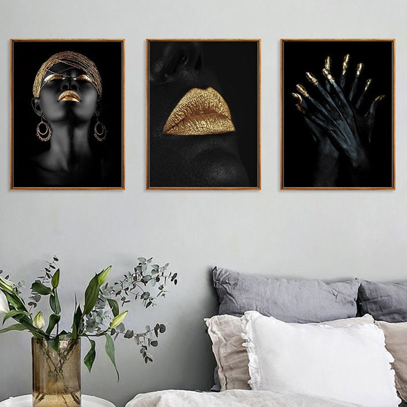 Gold Glam Canvas Wall Art Photographs Woman Face Paints Wall Decor for Living Room