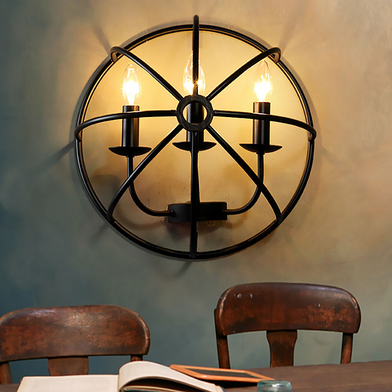Circle Caged Iron Wall Lighting with Candle Design Industrial 2/3 Lights Dining Room Wall Sconce Light in Black Clearhalo 'Art deco wall lights' 'Cast Iron' 'Glass' 'Industrial wall lights' 'Industrial' 'Middle century wall lights' 'Modern' 'Rustic wall lights' 'Tiffany' 'Traditional wall lights' 'Wall Lamps & Sconces' 'Wall Lights' Lighting' 165421