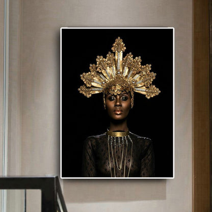 Fashion Crowned African Woman Art Print Glam Canvas Wall Decoration in Gold and Black Gold Clearhalo 'Arts' 'Canvas Art' 1654253