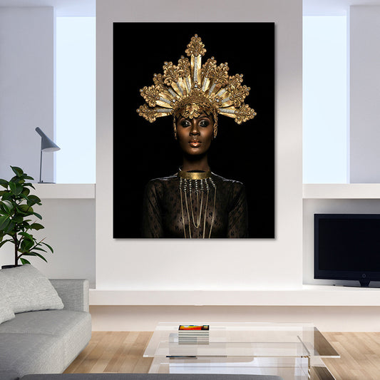 Fashion Crowned African Woman Art Print Glam Canvas Wall Decoration in Gold and Black Clearhalo 'Arts' 'Canvas Art' 1654255