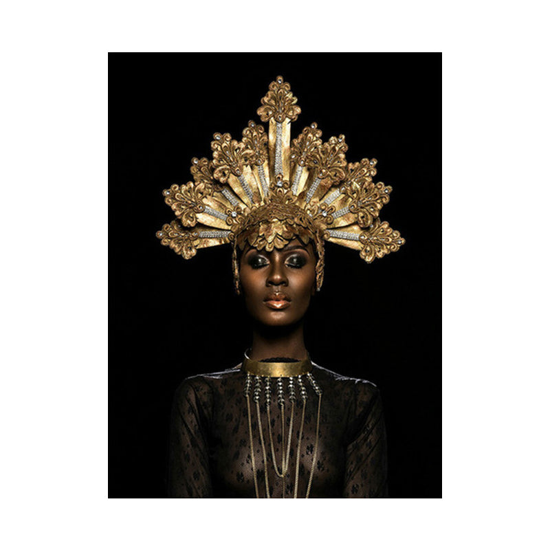 Fashion Crowned African Woman Art Print Glam Canvas Wall Decoration in Gold and Black Clearhalo 'Arts' 'Canvas Art' 1654256