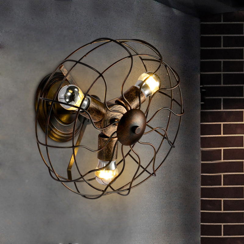 Weathered Copper Fan Wall Sconce with Cage Shade Antique Style Wrought Iron 3 Lights Indoor Wall Lighting Weathered Copper Clearhalo 'Art deco wall lights' 'Cast Iron' 'Glass' 'Industrial wall lights' 'Industrial' 'Middle century wall lights' 'Modern' 'Rustic wall lights' 'Tiffany' 'Traditional wall lights' 'Wall Lamps & Sconces' 'Wall Lights' Lighting' 165428