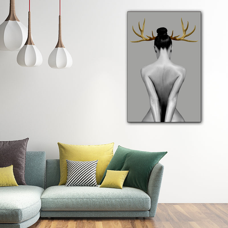 Woman with Antler Wall Art Textured Modern Style Dining Room Canvas Print in Gold Clearhalo 'Art Gallery' 'Canvas Art' 'Contemporary Art Gallery' 'Modern' Arts' 1654321