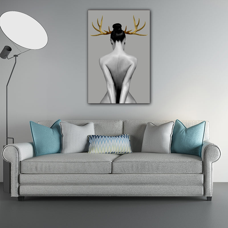 Woman with Antler Wall Art Textured Modern Style Dining Room Canvas Print in Gold Clearhalo 'Art Gallery' 'Canvas Art' 'Contemporary Art Gallery' 'Modern' Arts' 1654322