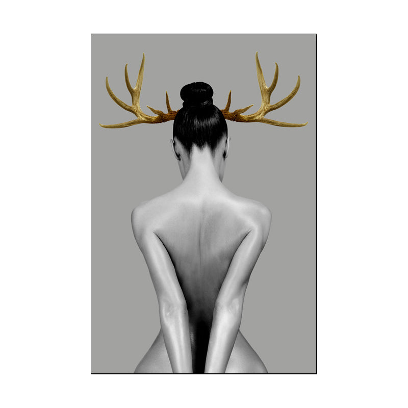 Woman with Antler Wall Art Textured Modern Style Dining Room Canvas Print in Gold Clearhalo 'Art Gallery' 'Canvas Art' 'Contemporary Art Gallery' 'Modern' Arts' 1654323