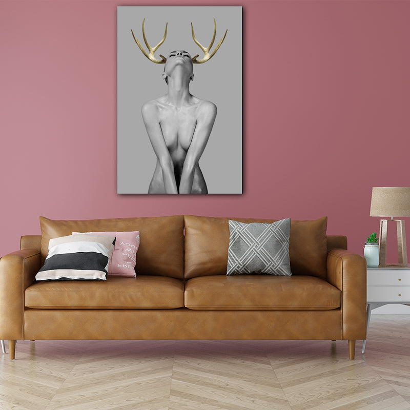 Woman with Antler Wall Art Textured Modern Style Dining Room Canvas Print in Gold Clearhalo 'Art Gallery' 'Canvas Art' 'Contemporary Art Gallery' 'Modern' Arts' 1654328