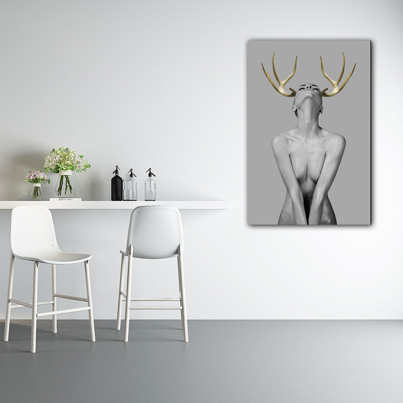 Woman with Antler Wall Art Textured Modern Style Dining Room Canvas Print in Gold Clearhalo 'Art Gallery' 'Canvas Art' 'Contemporary Art Gallery' 'Modern' Arts' 1654329