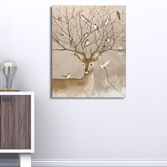 Brown Stag and Bird Painting Canvas Textured Farmhouse Living Room Wall Art Brown Clearhalo 'Art Gallery' 'Canvas Art' 'Country Art Gallery' 'French Country' 'Rustic' Arts' 1654436
