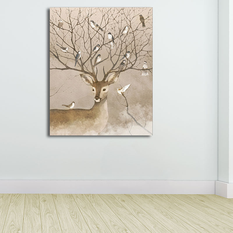 Brown Stag and Bird Painting Canvas Textured Farmhouse Living Room Wall Art Clearhalo 'Art Gallery' 'Canvas Art' 'Country Art Gallery' 'French Country' 'Rustic' Arts' 1654437
