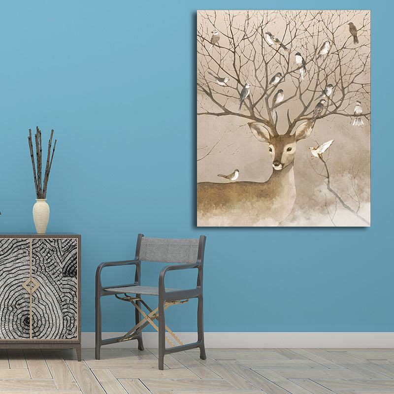 Brown Stag and Bird Painting Canvas Textured Farmhouse Living Room Wall Art Clearhalo 'Art Gallery' 'Canvas Art' 'Country Art Gallery' 'French Country' 'Rustic' Arts' 1654438