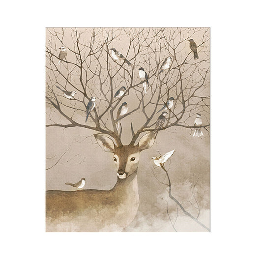 Brown Stag and Bird Painting Canvas Textured Farmhouse Living Room Wall Art Clearhalo 'Art Gallery' 'Canvas Art' 'Country Art Gallery' 'French Country' 'Rustic' Arts' 1654439