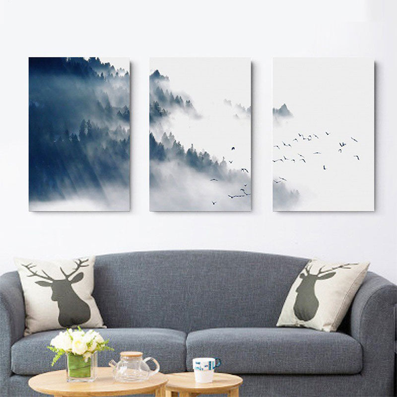 Asian Style Canvas Wall Art Black Bird Flock and Misty Forest Painting for Living Room Black Clearhalo 'Arts' 'Canvas Art' 1654458