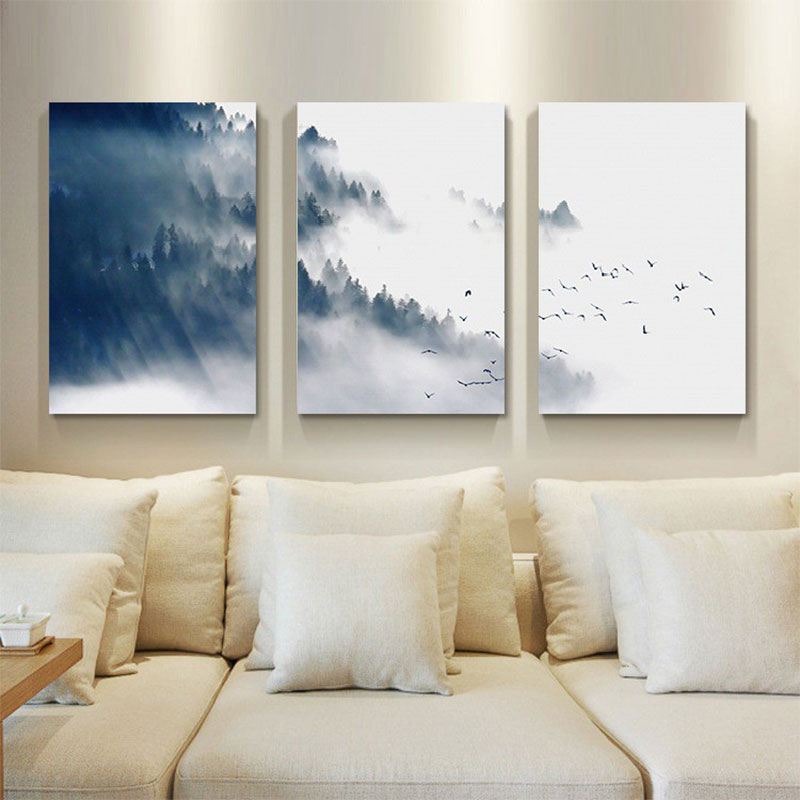 Asian Style Canvas Wall Art Black Bird Flock and Misty Forest Painting for Living Room - Clearhalo - 'Arts' - 'Canvas Art' - 1654459
