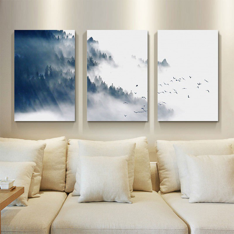 Asian Style Canvas Wall Art Black Bird Flock and Misty Forest Painting for Living Room Clearhalo 'Arts' 'Canvas Art' 1654459