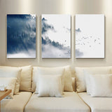 Asian Style Canvas Wall Art Black Bird Flock and Misty Forest Painting for Living Room