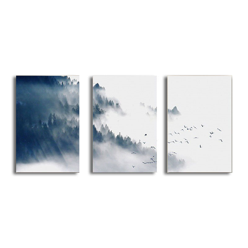Asian Style Canvas Wall Art Black Bird Flock and Misty Forest Painting for Living Room Clearhalo 'Arts' 'Canvas Art' 1654461